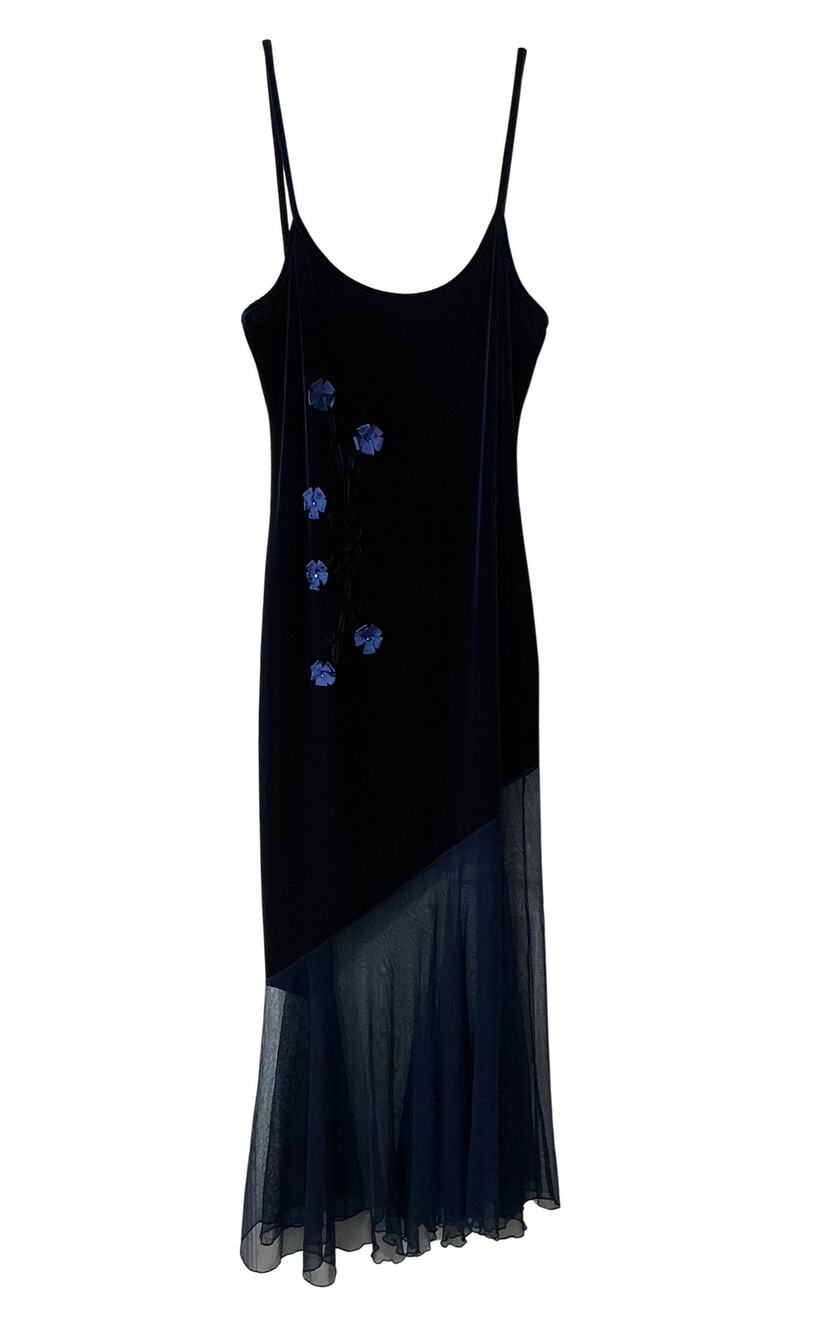 Shirley of Hollywood VTG Y2K Whimsigoth Navy Blue Velour Velvet Slip Dress L